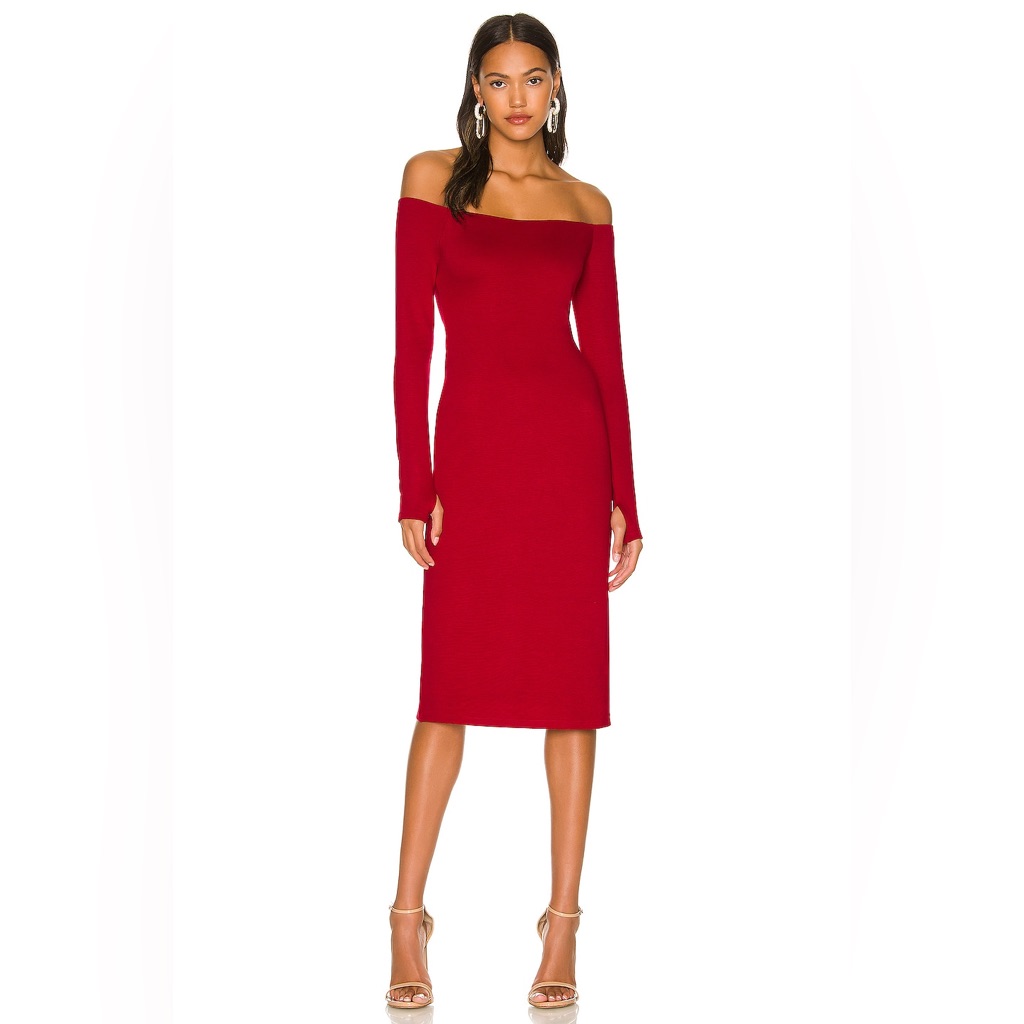Alice + Olivia Dorinda Off The Shoulder Fitted Midi Dress In Deep Ruby